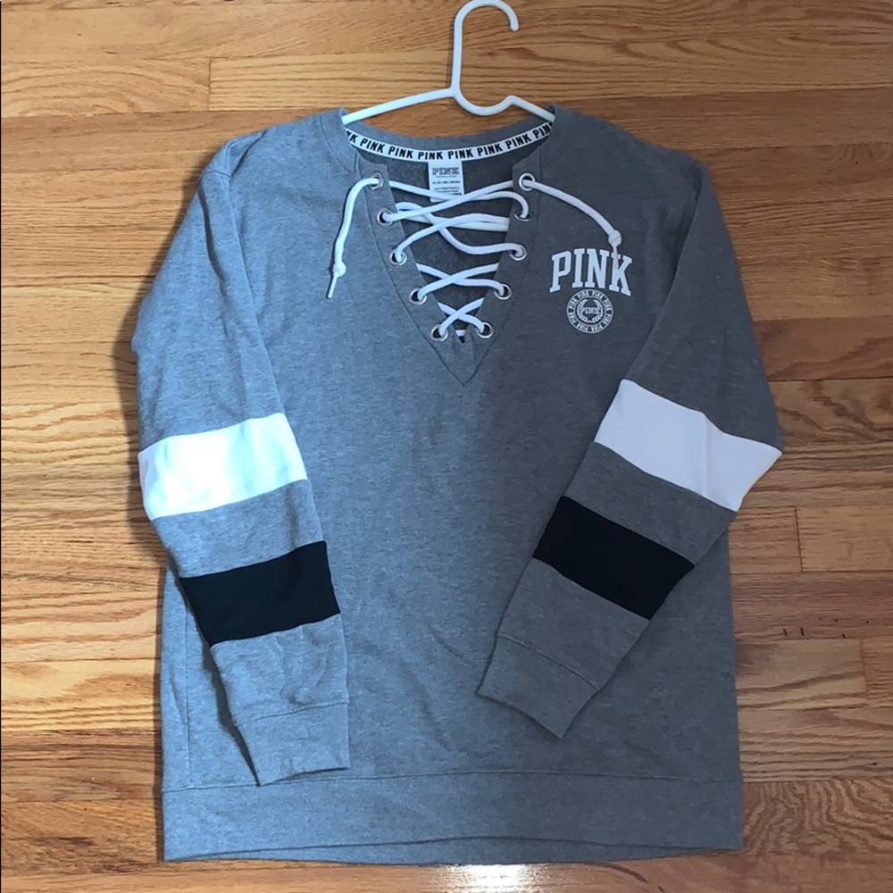 PINK Victoria’s Secret Grey Criss Cross Sweatshirt - Picture 1 of 3